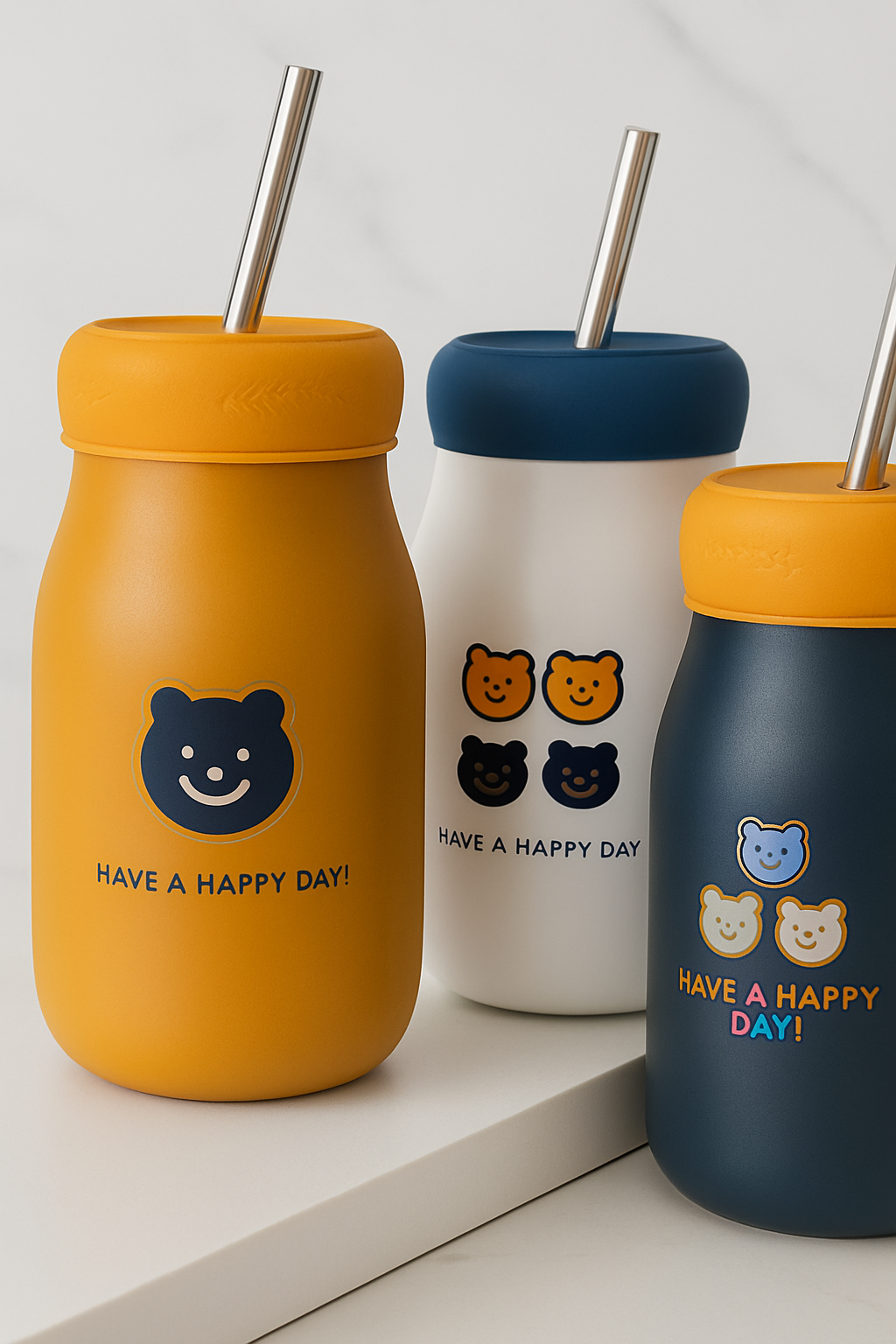 Cute Bear-Themed Insulated Straw Bottle – 380ml