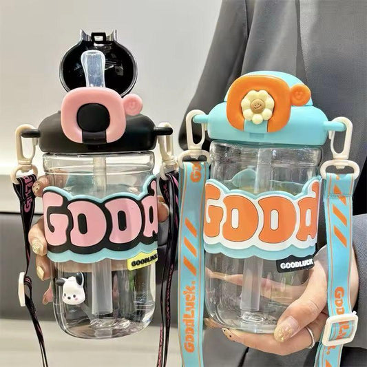 Kids' Cute Cartoon Straw Water Bottle – Leakproof with Strap (400ml)