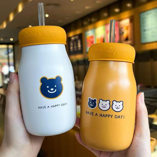 Cute Bear-Themed Insulated Straw Bottle – 380ml