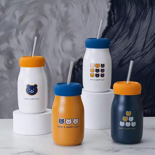 Cute Bear-Themed Insulated Straw Bottle – 380ml