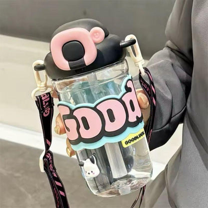 Kids' Cute Cartoon Straw Water Bottle – Leakproof with Strap (400ml)